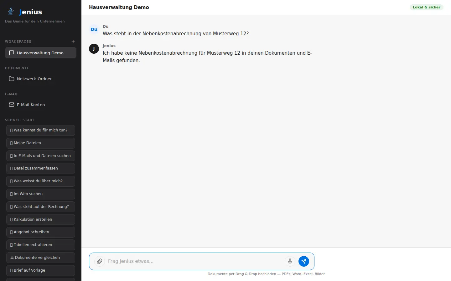 Jenius Chat: KI beantwortet Frage zu Nebenkostenabrechnung aus Firmendokumenten