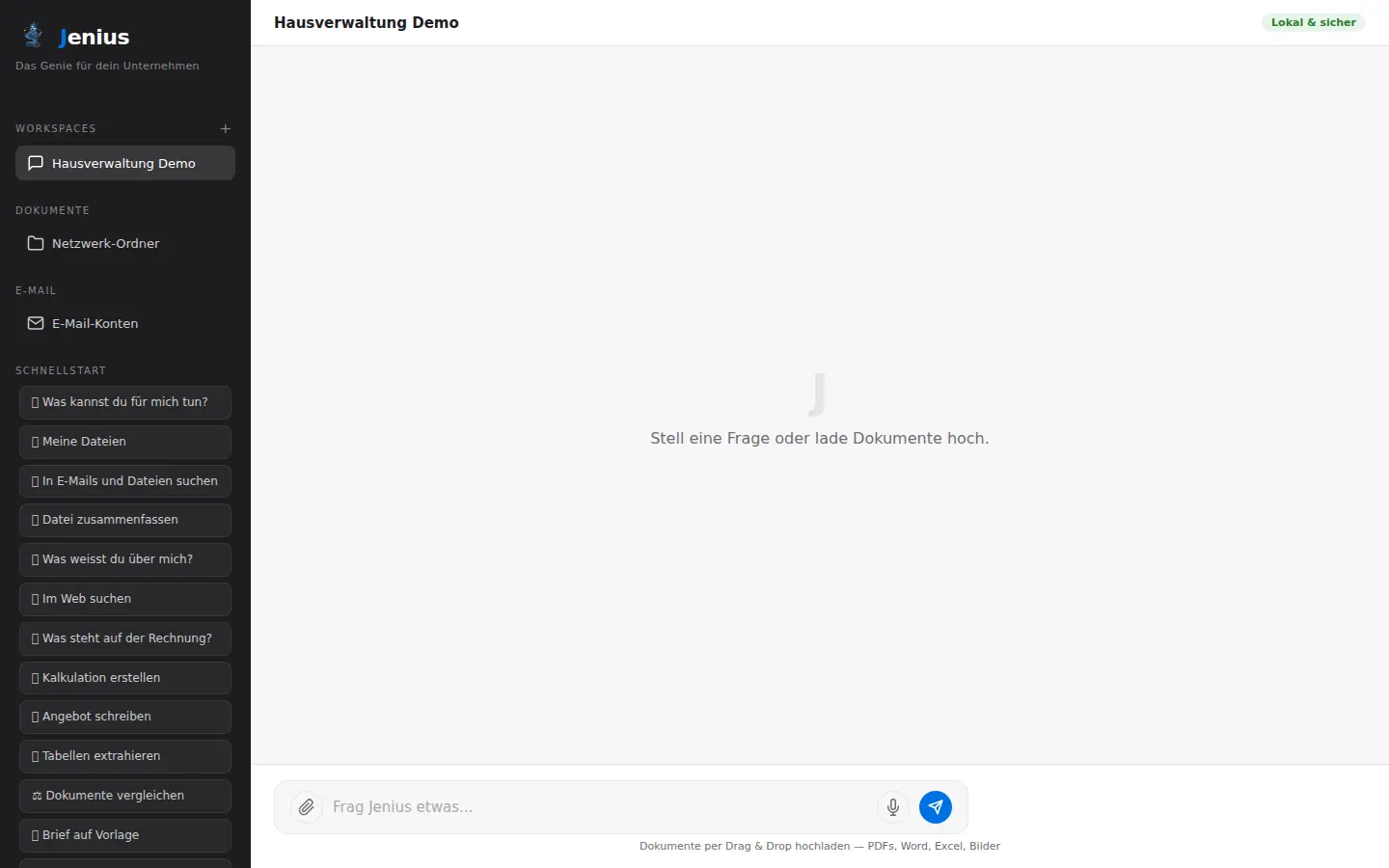 Jenius KI-Oberfläche: Chat-Interface mit Schnellstart-Buttons, Dokumentensuche und E-Mail-Integration